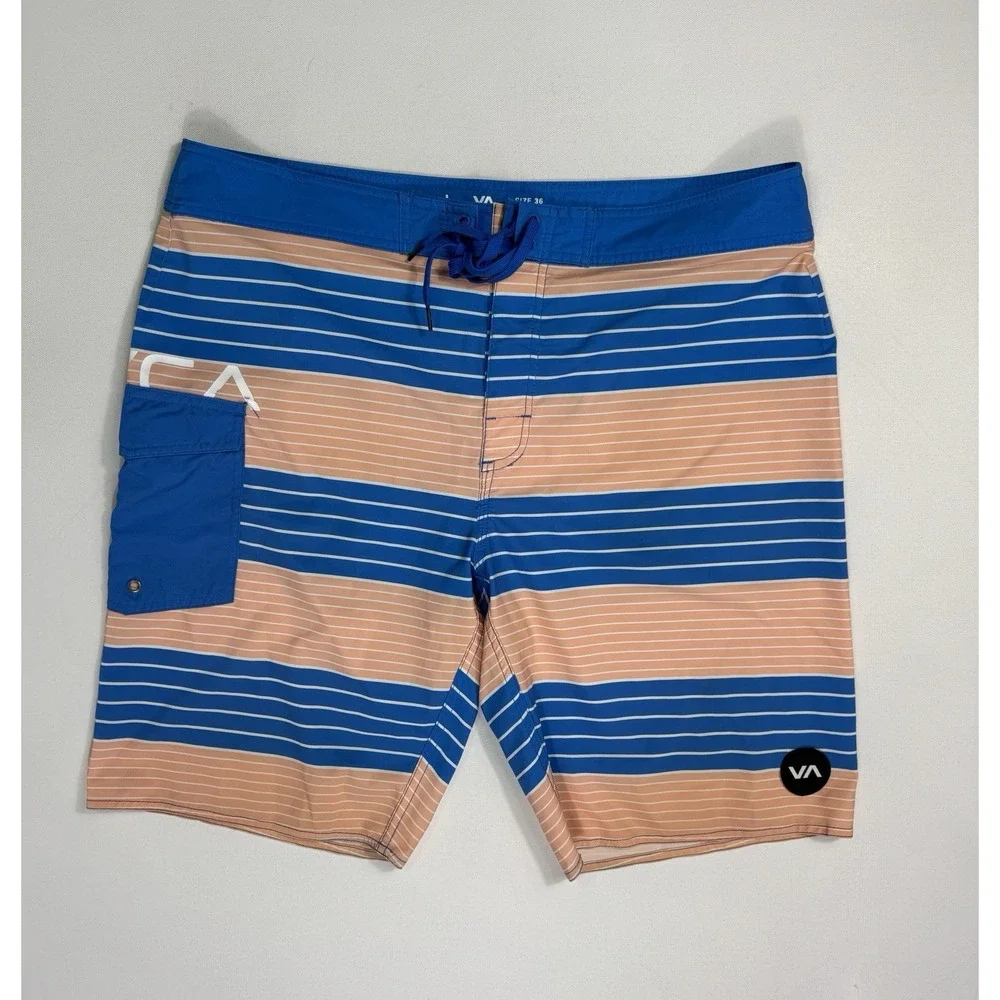 RVCA Men's 36x11 Board Shorts Swim Trunks Pocket Vacation Blue Peach Striped